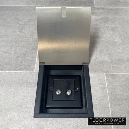 A satin brass recessed floor socket with two satellite F connectors for dual satellite feed.