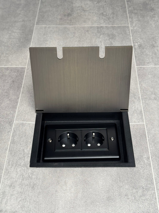 Antique brass recessed floor socket with a double 13amp unswitched Schuko (European) plug socket