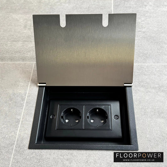 Satin nickel recessed floor socket with a double 13amp unswitched Schuko (European) plug socket