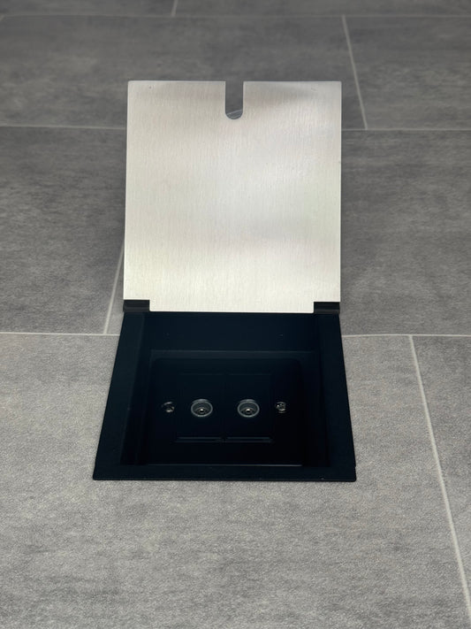 A satin stainless steel recessed floor socket designed for providing dual aerial connectivity with 2 gang TV aerial sockets.