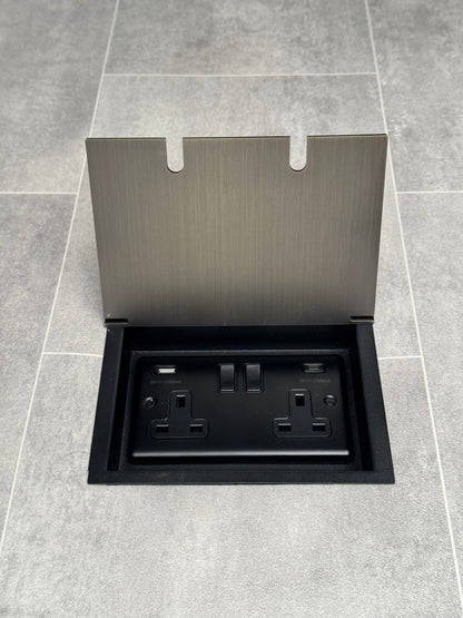 Recessed floor socket in antique brass with a double gang design, featuring a double 13 Amp switched socket with USB C+A.
