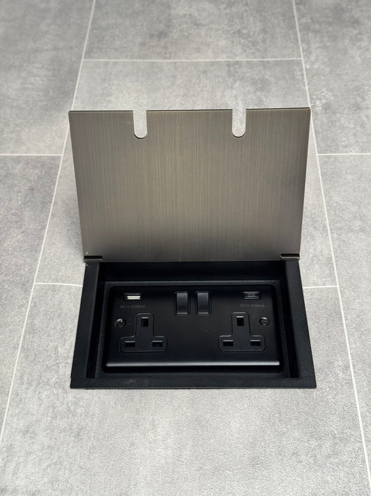 Recessed floor socket in antique brass with a double gang design, featuring a double 13 Amp switched socket with USB C+A.