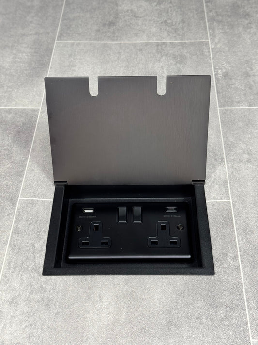Recessed floor socket in old bronze with a double gang design, featuring a double 13 Amp switched socket with USB C+A.