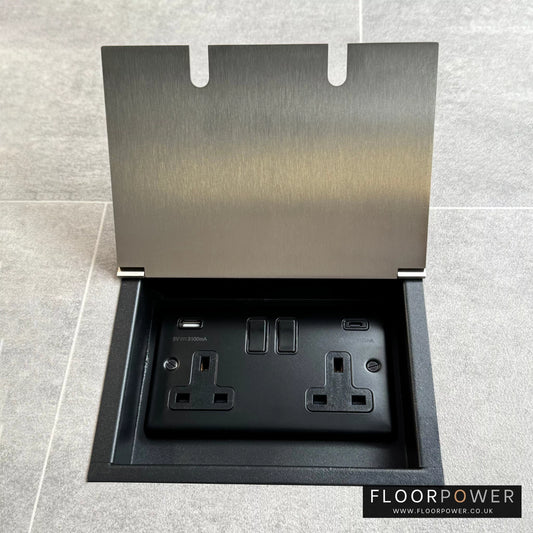Recessed floor socket in satin nickel with a double gang design, featuring a double 13 Amp switched socket with USB C+A.