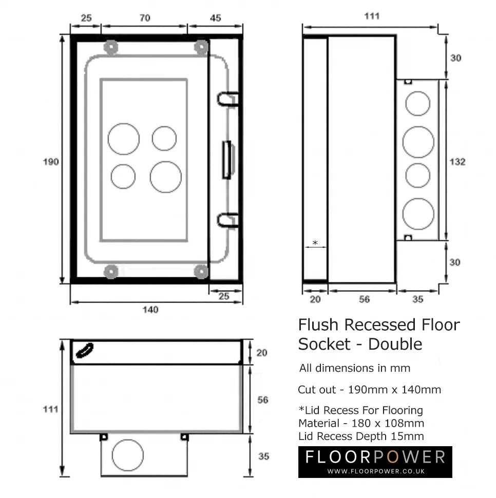 Dimensions for Double Flush Recessed Floor Sockets