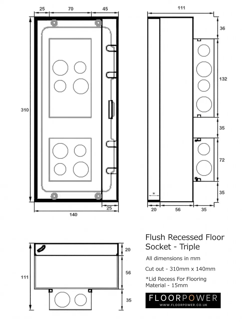 Dimensions for Triple Flush Recessed Floor Sockets