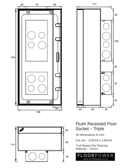 Dimensions for Triple Flush Recessed Floor Sockets