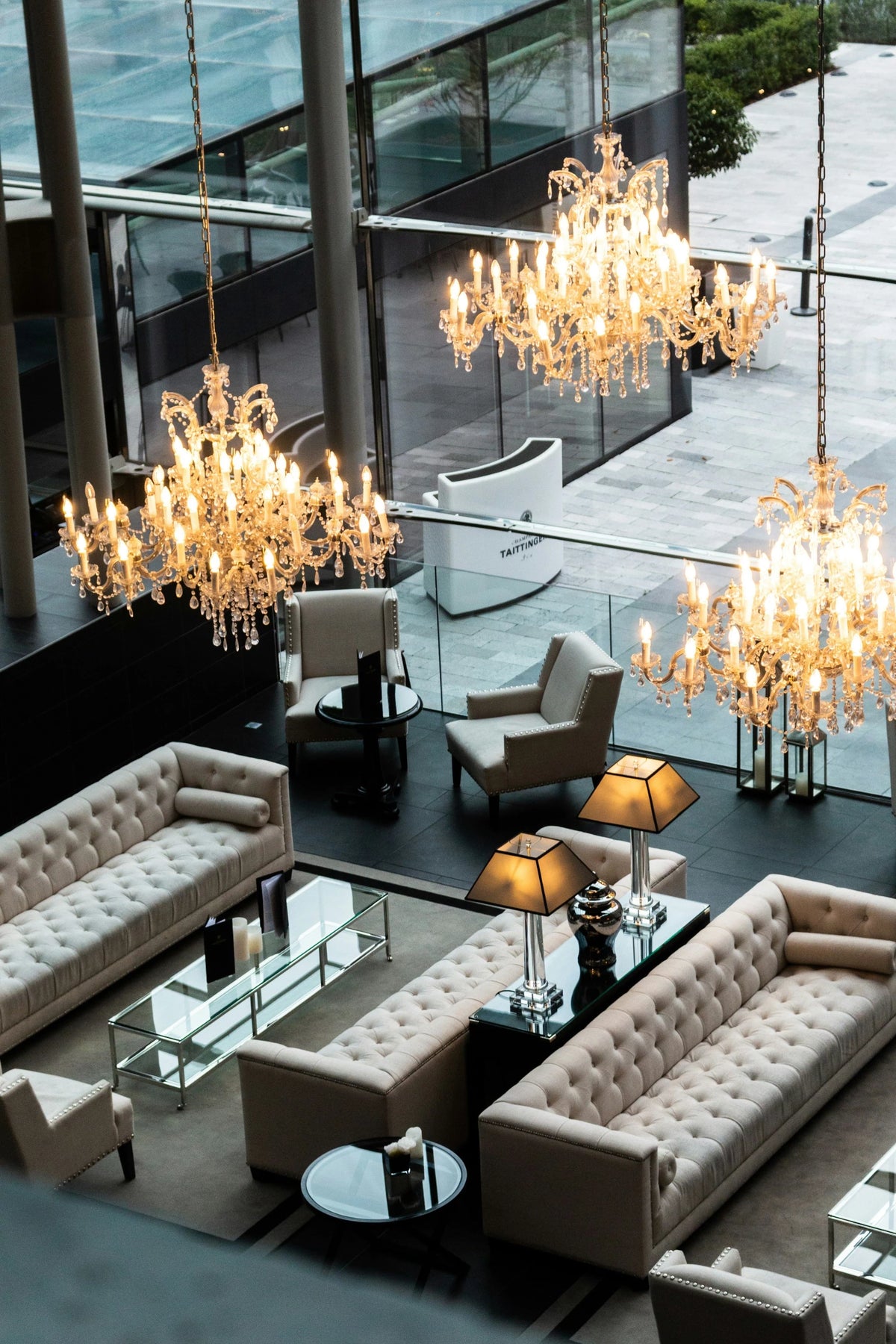 Recessed Floor Sockets used in a Hotel Lounge.