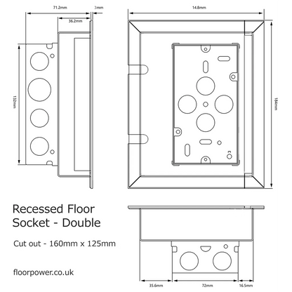 Technical drawing of a double recessed floor socket with dimensions and cut-out details.