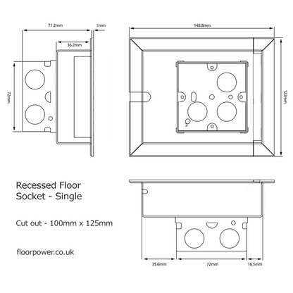 Technical drawing of a single recessed floor socket with dimensions and cut-out details.