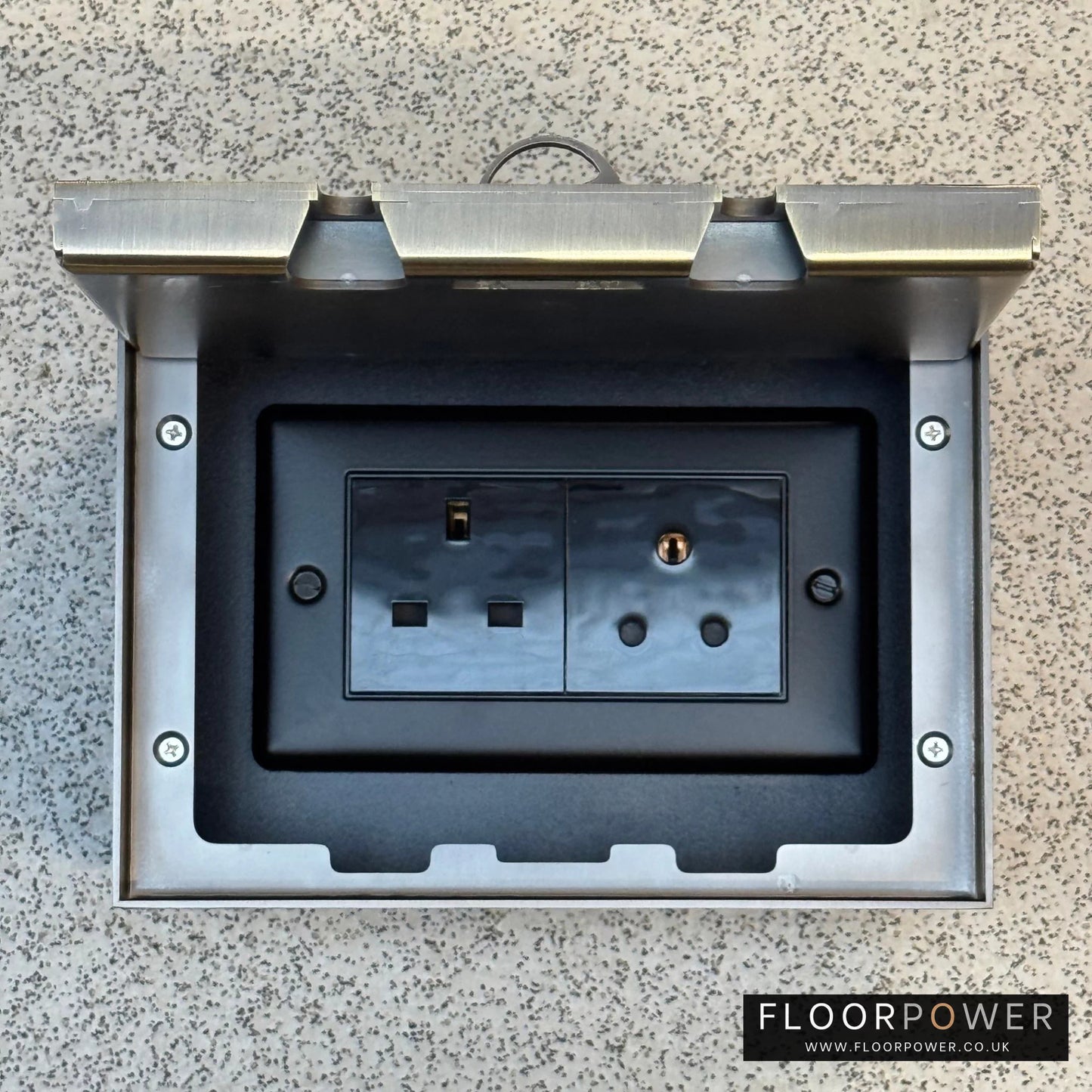 Antique Brass Double Recessed Flush Lighting Combination Floor Socket - 13A Plug Socket & 5A Round Pin Floor Socket
