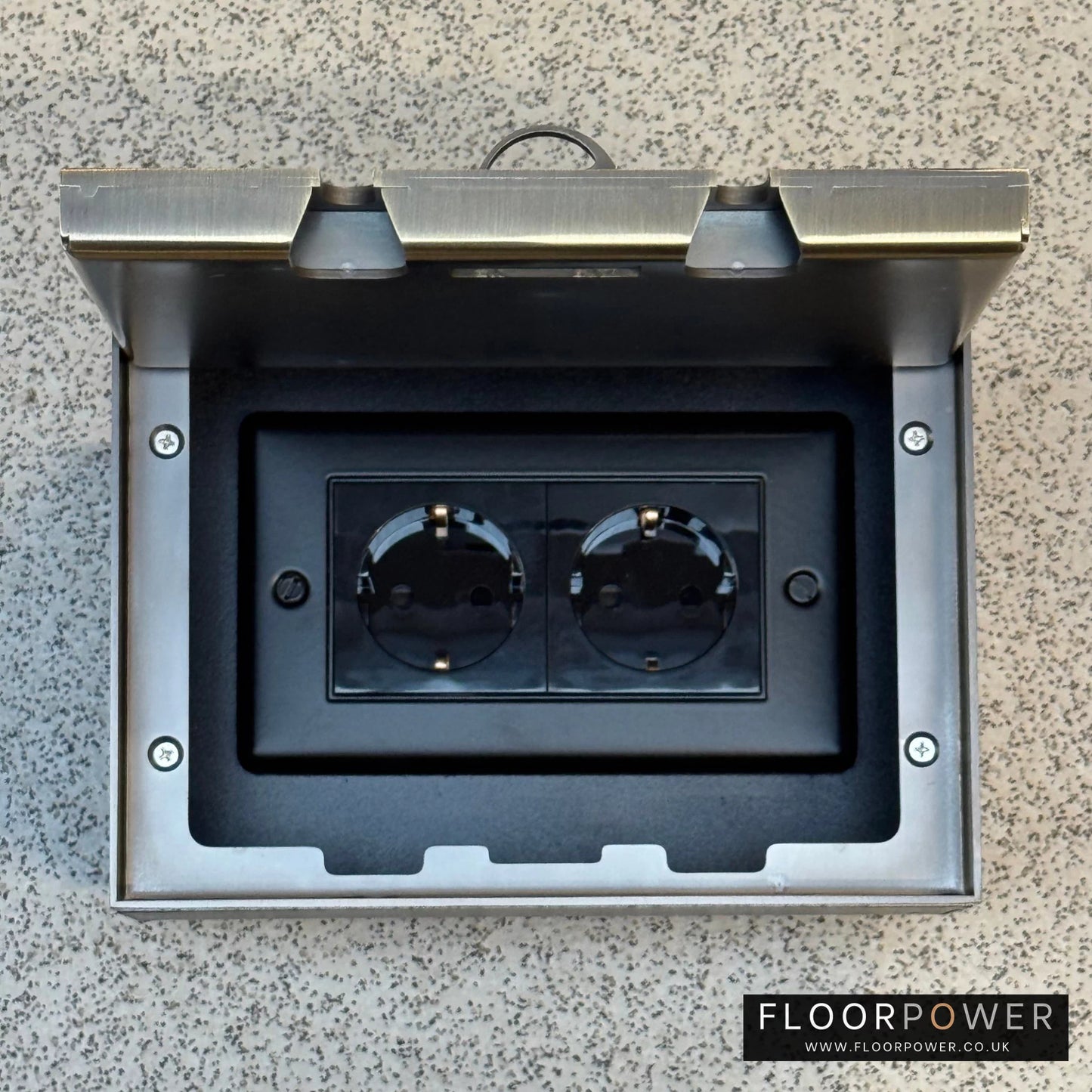 Antique Brass Double Recessed Flush Floor Socket with Two Schuko Sockets