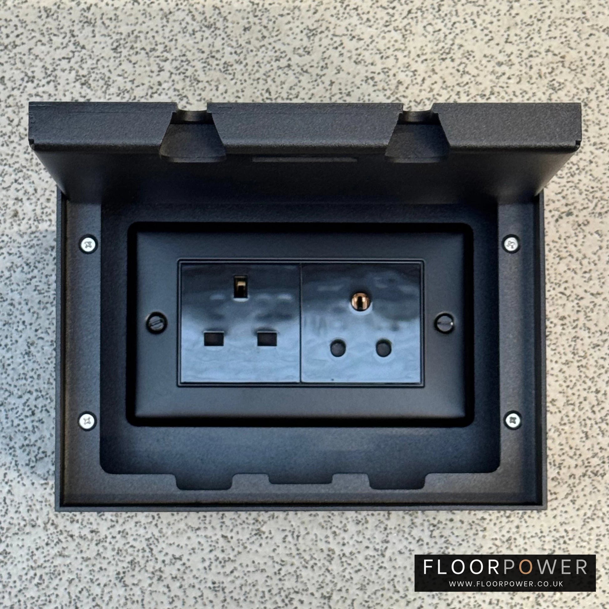 Matt Black Double Recessed Flush Lighting Combination Floor Socket - 13A Plug Socket & 5A Round Pin Floor Socket
