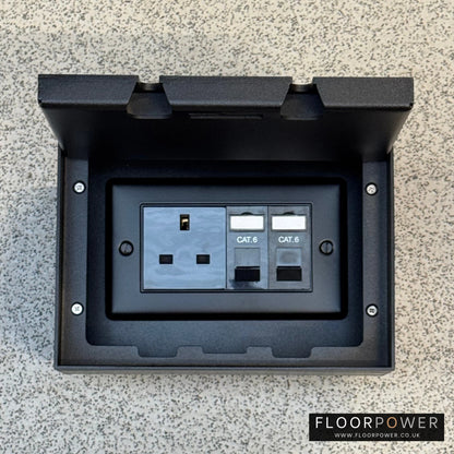 Matt Black Double Recessed Flush Network Combination Floor Socket - 13A Plug Socket & Two RJ45 Data Sockets