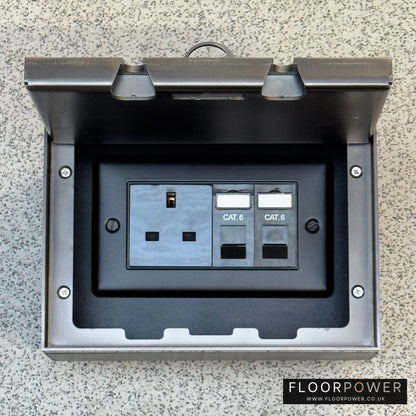 Old Bronze Double Recessed Flush Network Combination Floor Socket - 13A Plug Socket & Two RJ45 Data Sockets