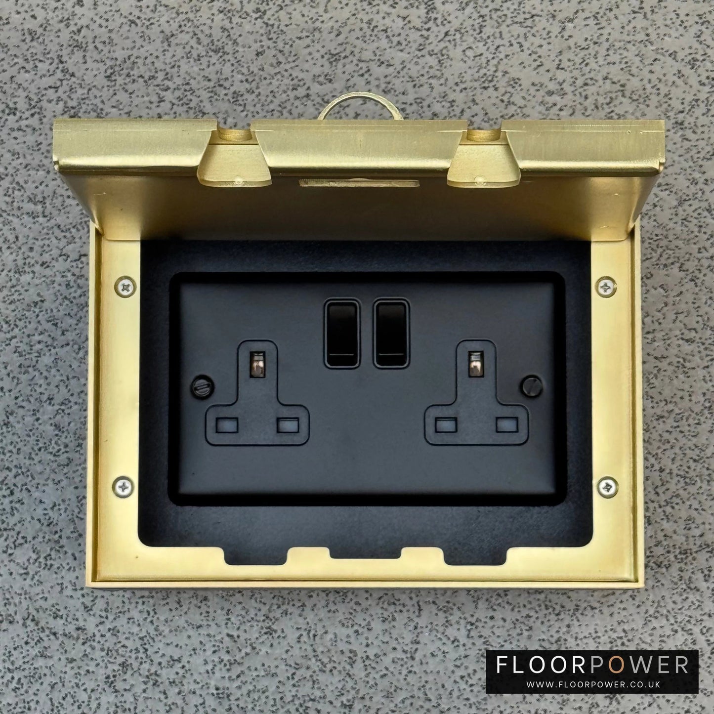 Satin Brass Double Recessed Flush Floor Socket with 13A Plug Socket