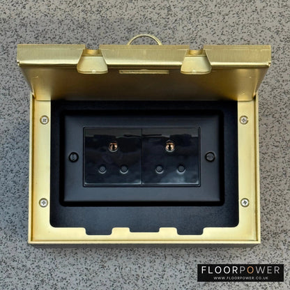 Satin Brass Double Recessed Flush Floor Socket with 5A Round Pin Sockets for Lighting