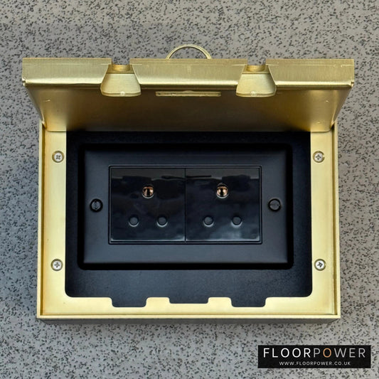 Satin Brass Double Recessed Flush Floor Socket with 5A Round Pin Sockets for Lighting