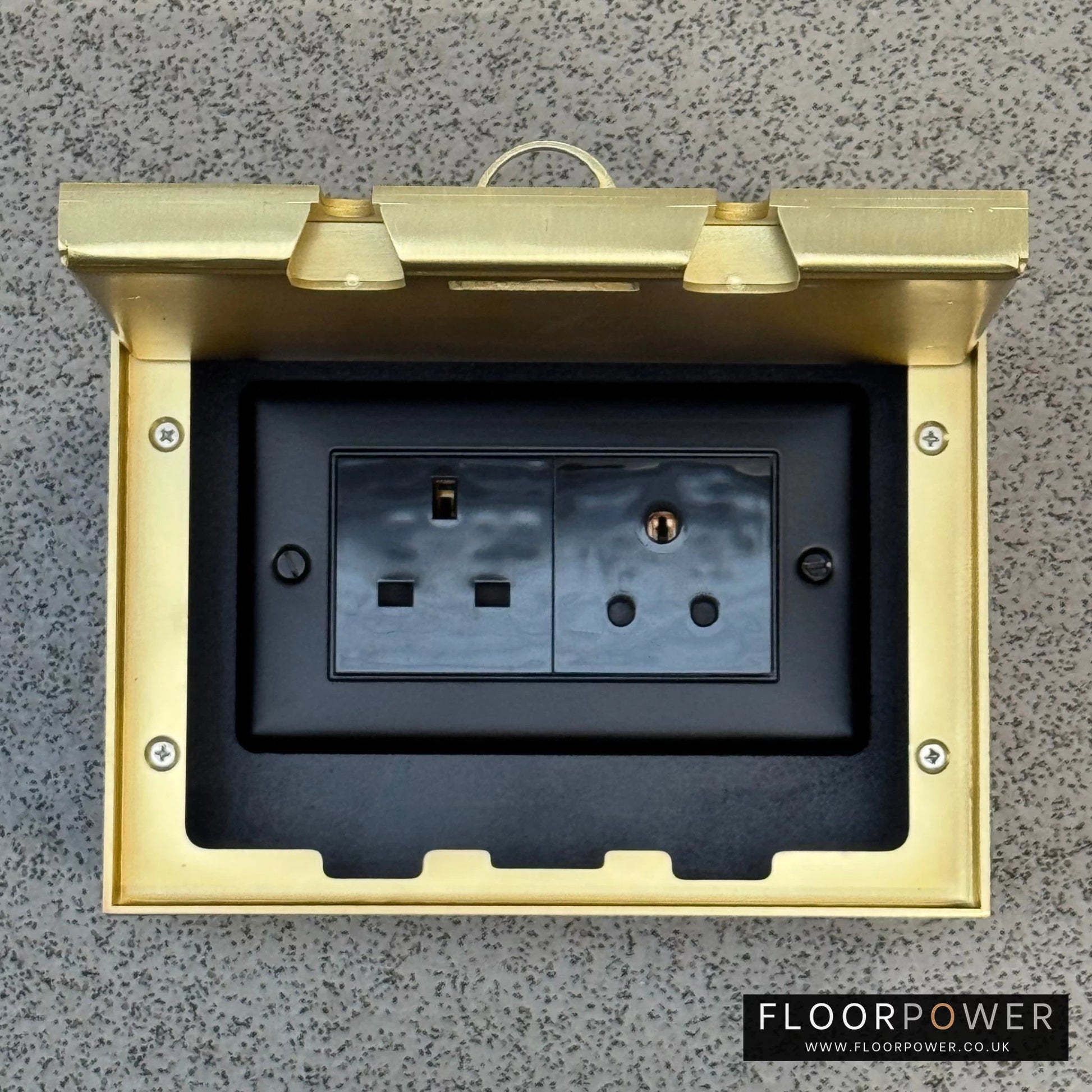 Satin Brass Double Recessed Flush Lighting Combination Floor Socket - 13A Plug Socket & 5A Round Pin Floor Socket