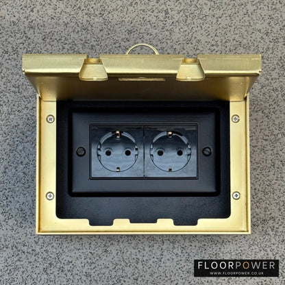 Satin Brass Double Recessed Flush Floor Socket with Two Schuko Sockets