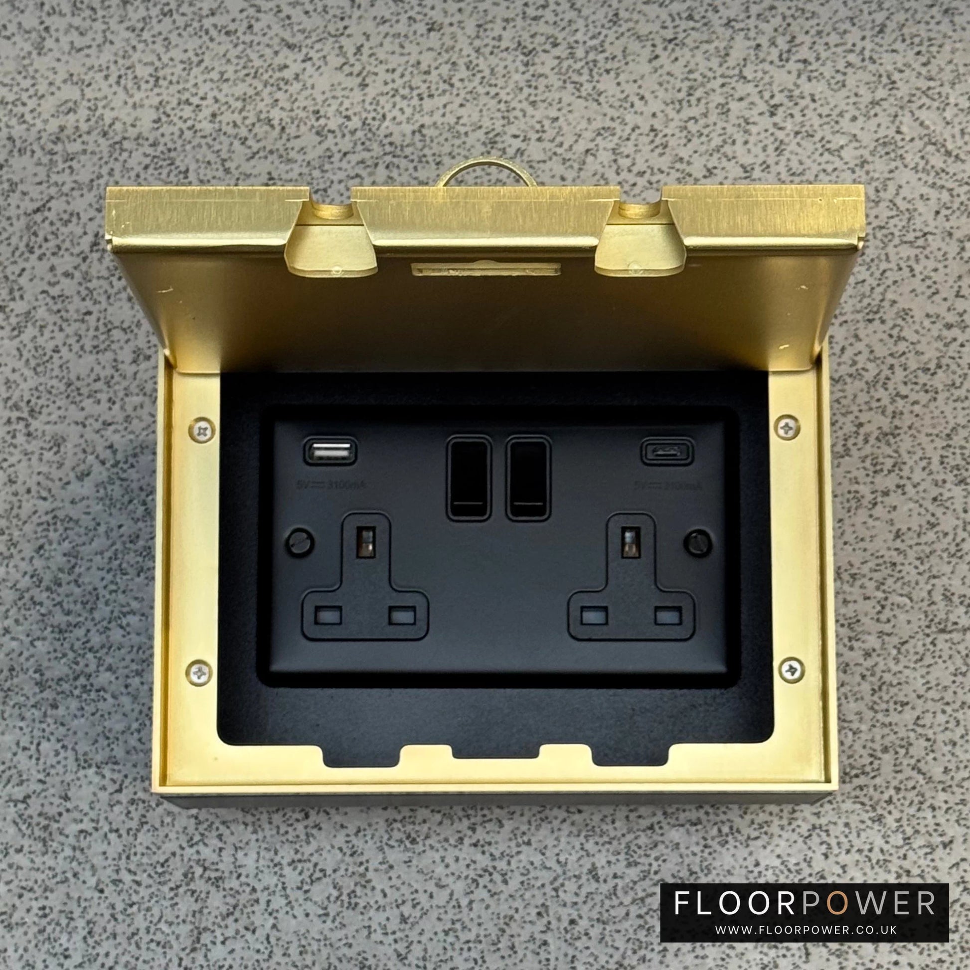 Satin Brass Double Recessed Flush Floor Socket with USB A & C Plug Socket