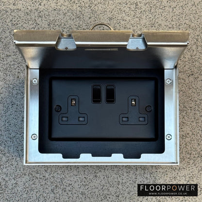 Satin Stainless Double Recessed Flush Floor Socket with 13A Plug Socket