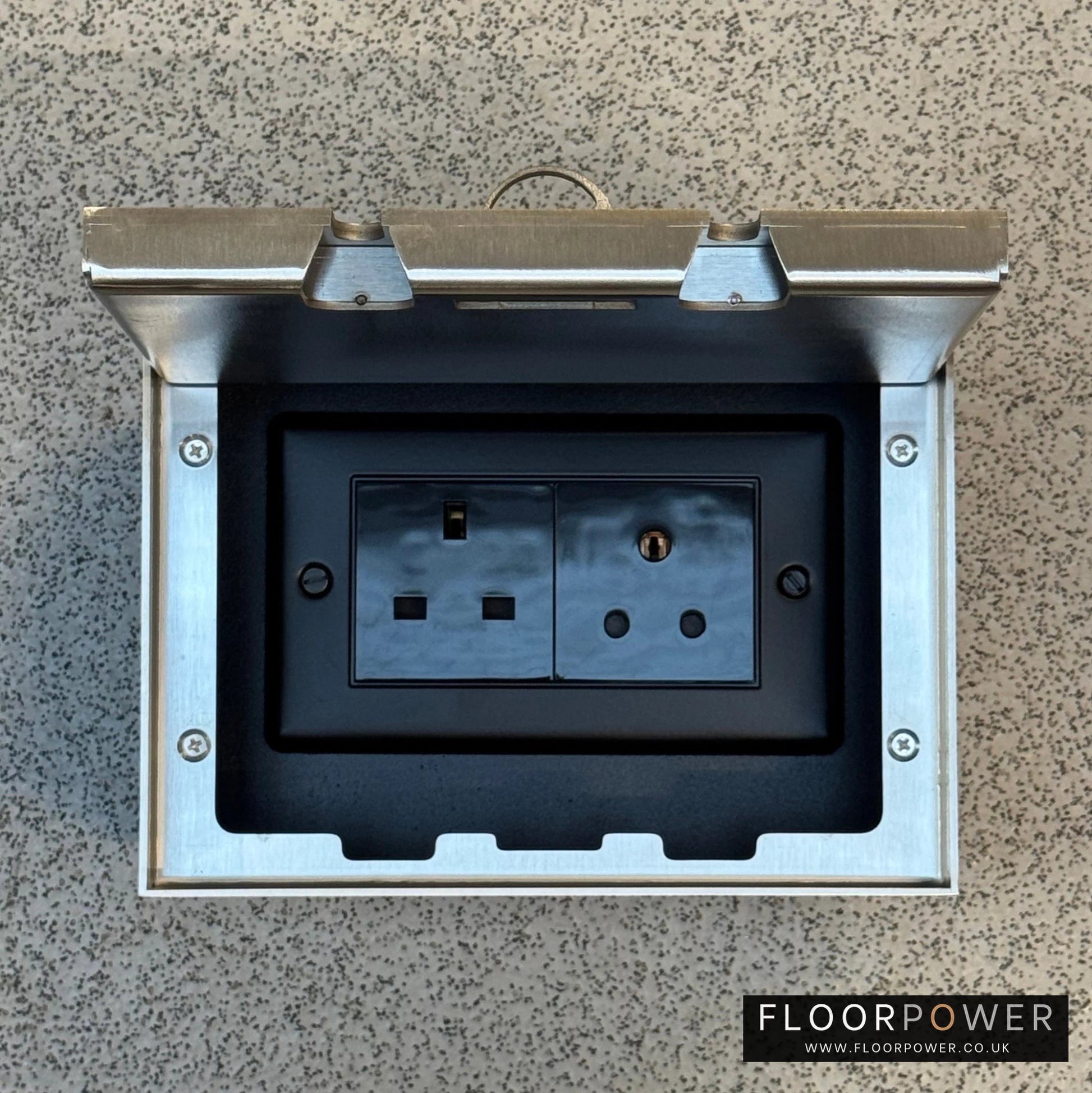 Satin Stainless Double Recessed Flush Lighting Combination Floor Socket - 13A Plug Socket & 5A Round Pin Floor Socket