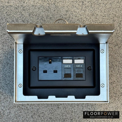 Satin Stainless Double Recessed Flush Network Combination Floor Socket - 13A Plug Socket & Two RJ45 Data Sockets