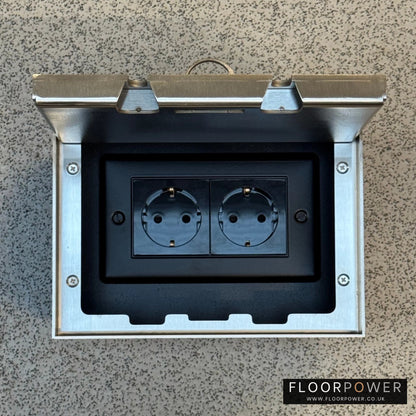 Satin Stainless Double Recessed Flush Floor Socket with Two Schuko Sockets