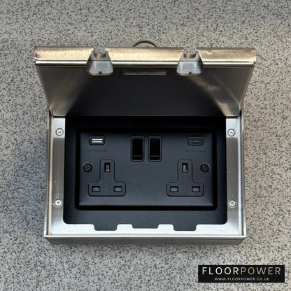 Satin Stainless Double Recessed Flush Floor Socket with USB A & C Plug Socket
