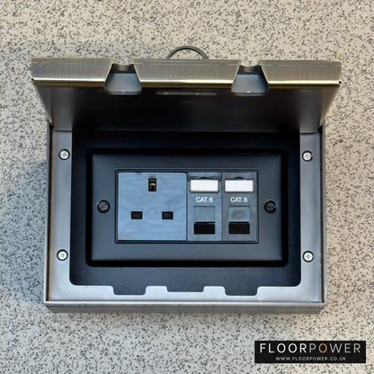 Antique Brass Double Recessed Flush Network Combination Floor Socket - 13A Plug Socket & Two RJ45 Data Sockets
