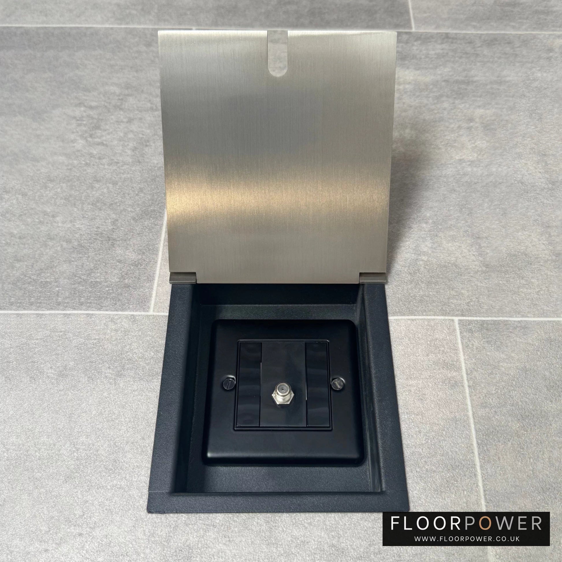 Satin nickel recessed floor socket with one satellite F connectors for a single satellite feed.