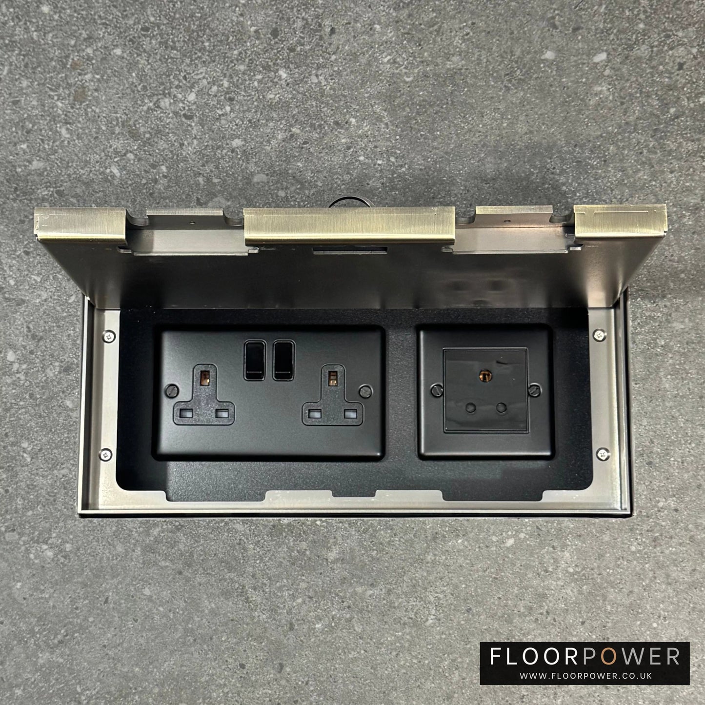 Triple Lighting Combination Flush Recessed Floor Socket with Antique Brass Surround in grey stone floor
