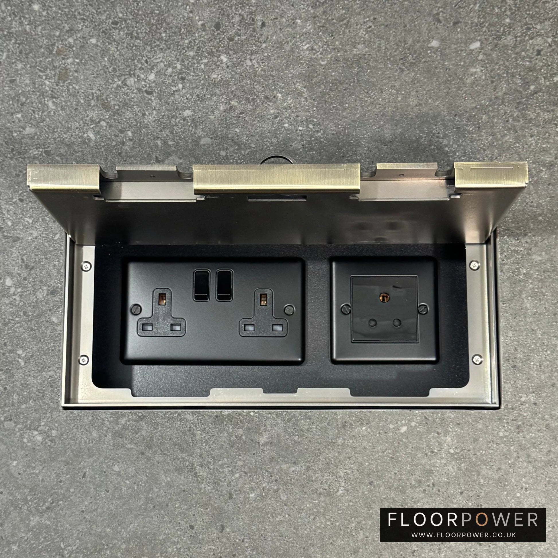 Triple Lighting Combination Flush Recessed Floor Socket with Antique Brass Surround in grey stone floor