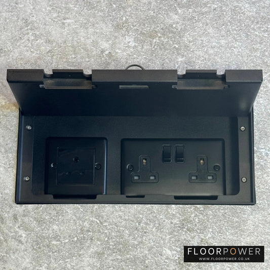 Triple Lighting Combination Flush Recessed Floor Socket with Black Surround in light stone floor