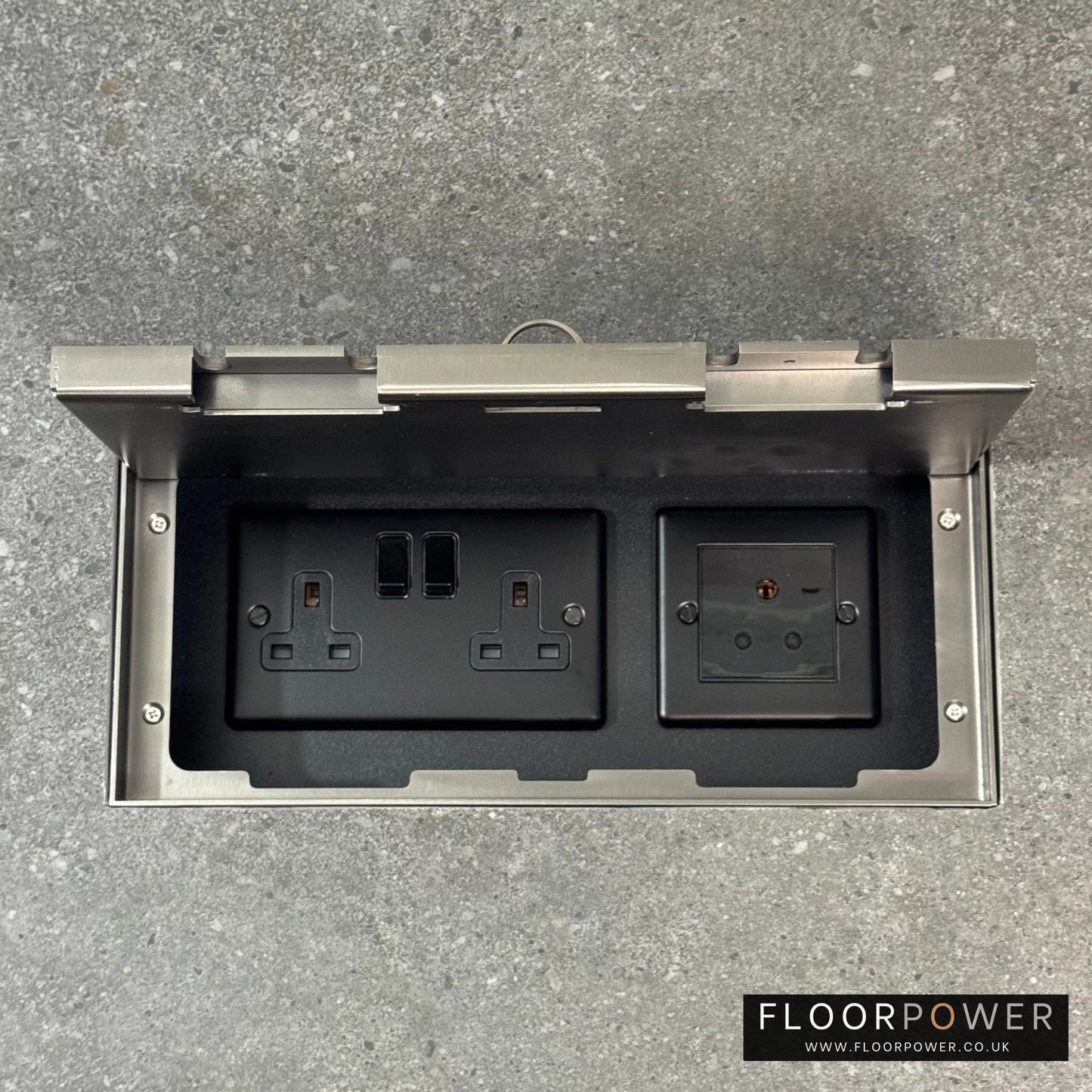 Triple Lighting Combination Flush Recessed Floor Socket with Old Bronze Surround in grey stone floor