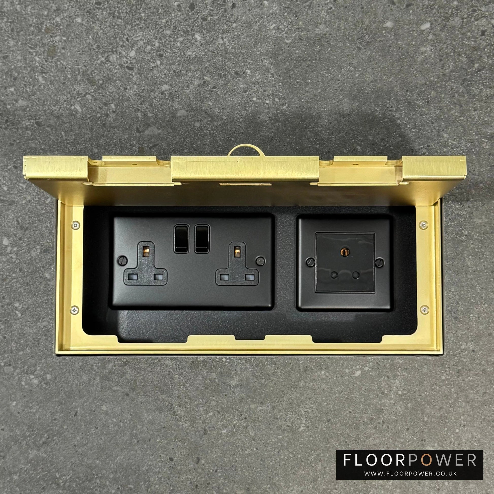 Triple Lighting Combination Flush Recessed Floor Socket with Satin Brass Surround in grey stone floor