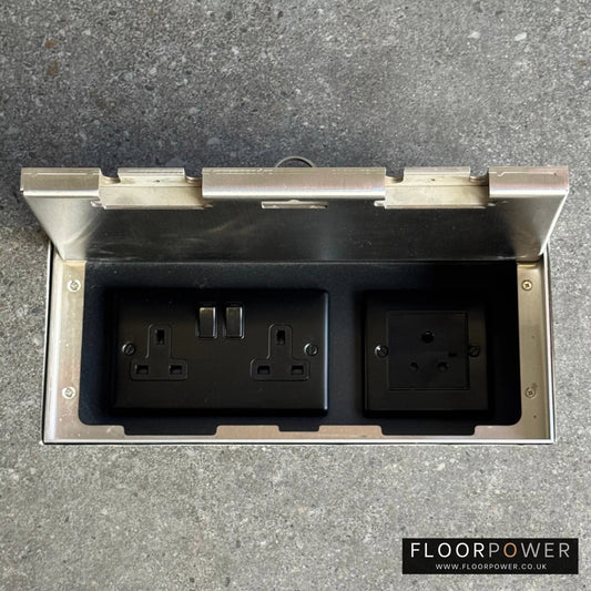 Triple Lighting Combination Flush Recessed Floor Socket with Satin Stainless Surround in grey stone floor