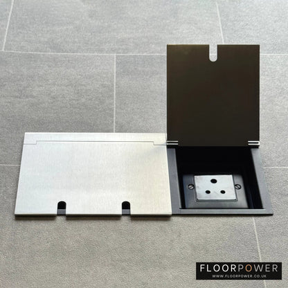 Lighting combination triple floor socket in Satin Nickel with 5A round pin socket lid open.