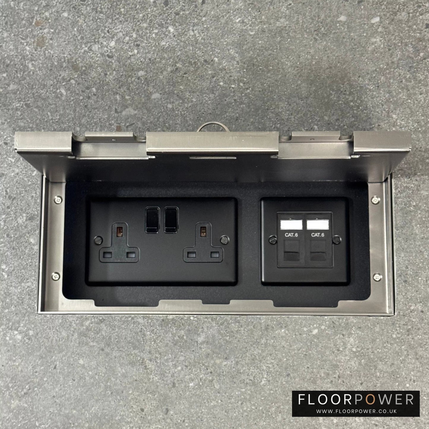 Triple Network Combination Flush Recessed Floor Socket with Old Bronze Surround in grey stone floor