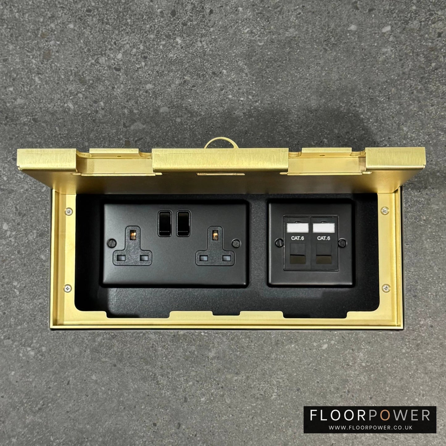 Triple Network Combination Flush Recessed Floor Socket with Satin Brass Surround in grey stone floor