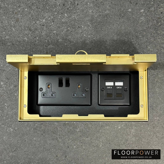 Triple Network Combination Flush Recessed Floor Socket with Satin Brass Surround in grey stone floor