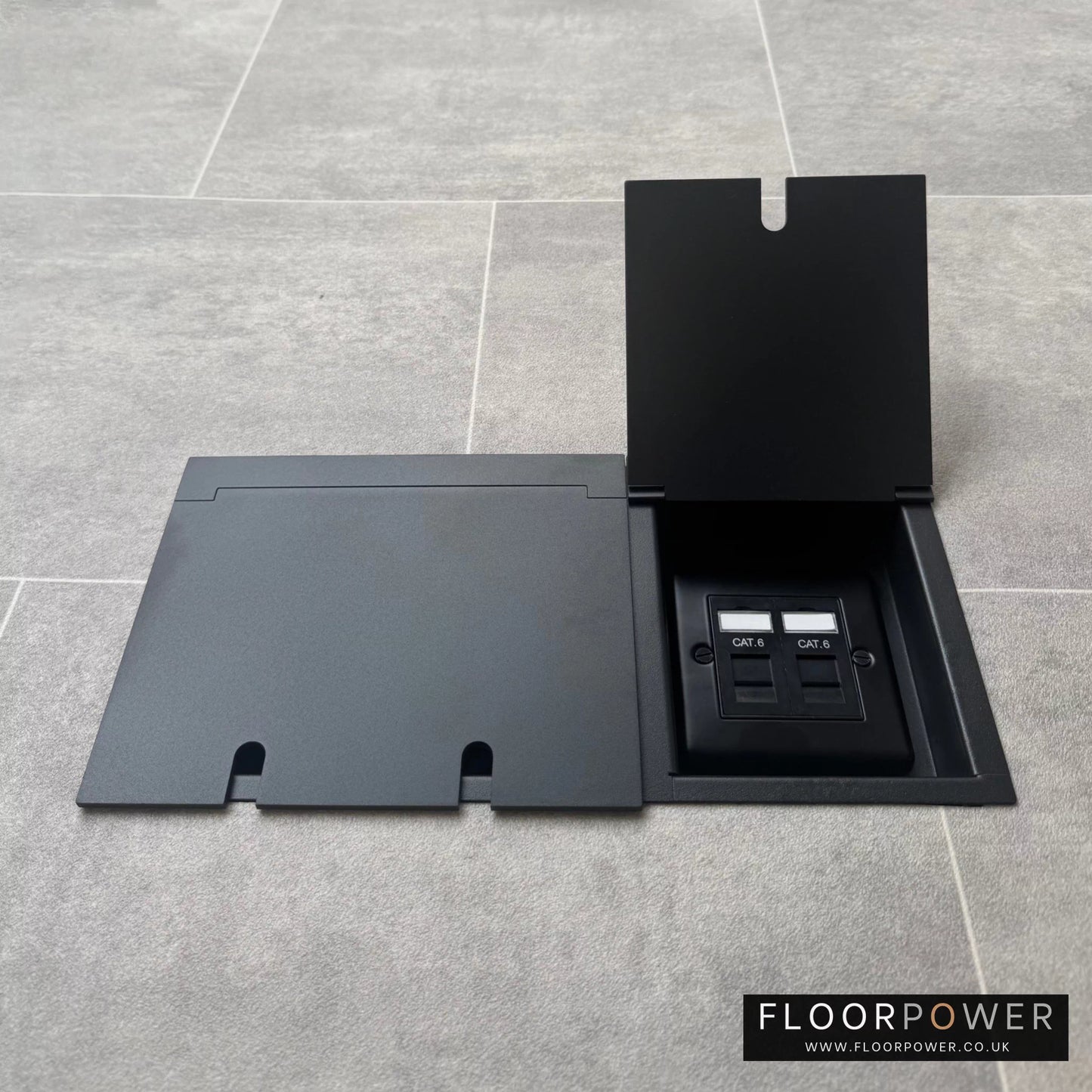 Network combination triple floor socket in Matt Black with dual RJ45 Cat6 network socket lid open.