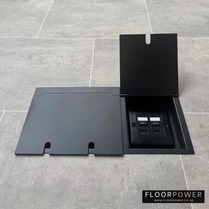 Network combination triple floor socket in Matt Black with dual RJ45 Cat6 network socket lid open.