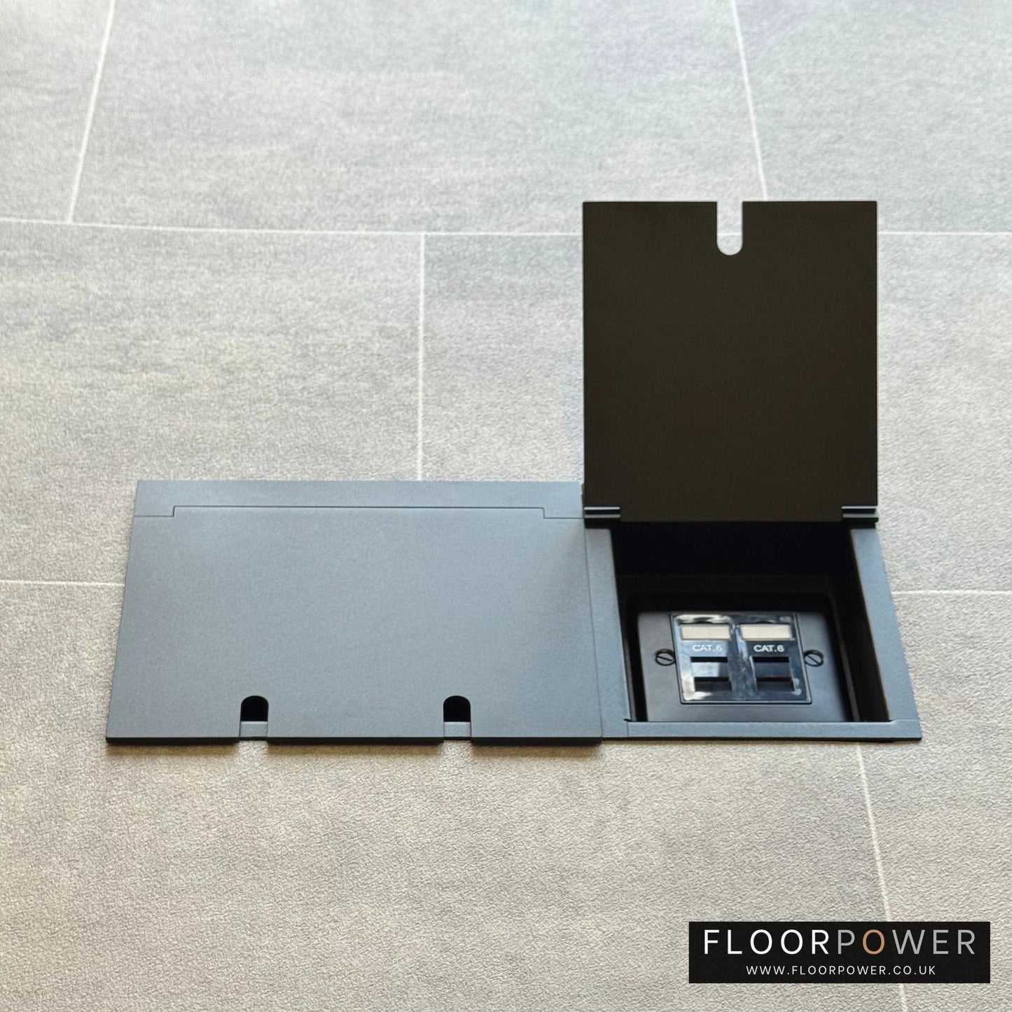 Network combination triple floor socket in Matt Black with dual RJ45 Cat6 network socket lid open.