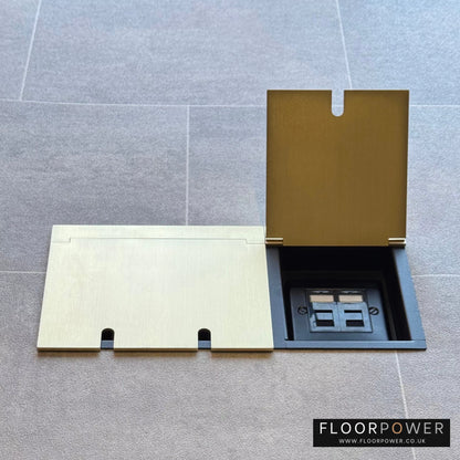 Network combination triple floor socket in Satin Brass with dual RJ45 Cat6 network socket lid open.