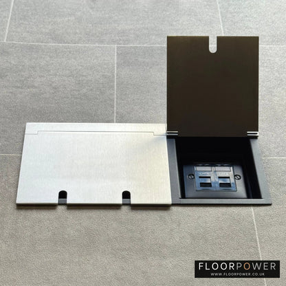 Satin Nickel network combination triple floor socket with double 13A switched plug socket and two RJ45 Cat6 network socket, both lids open.