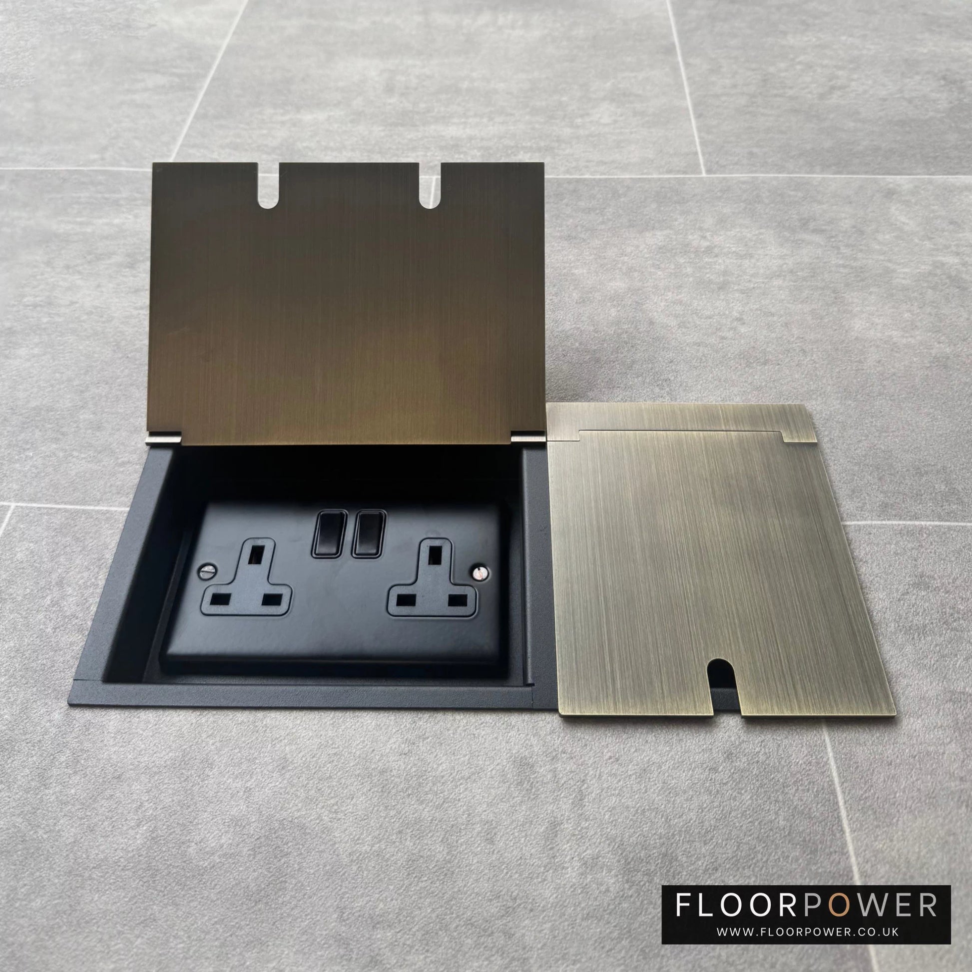 Triple Recessed Floor Socket in Antique Brass with double side lid open showing plug socket.