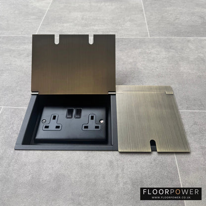 Triple Recessed Floor Socket in Antique Brass with double side lid open showing plug socket.