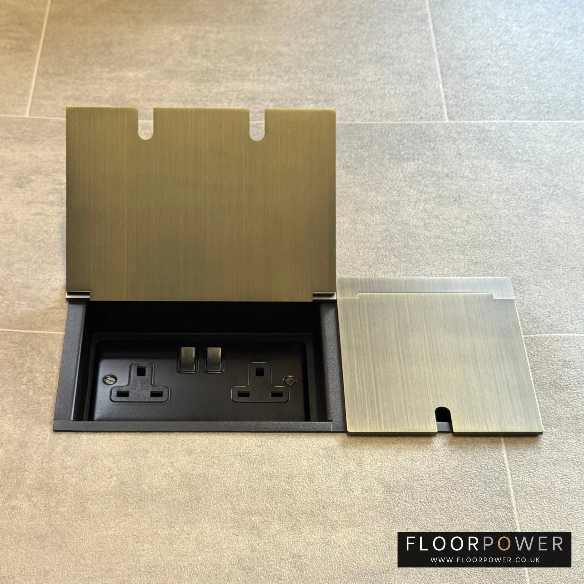 Triple Recessed Floor Socket in Antique Brass with double side lid open showing plug socket.
